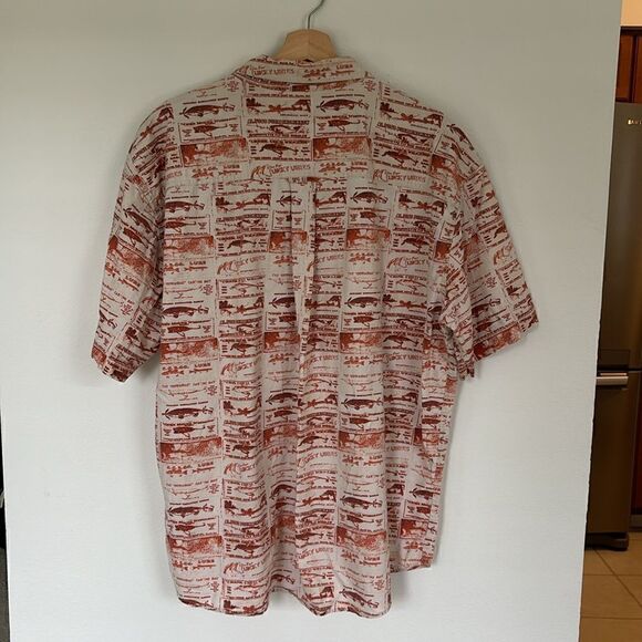 Vintage Woolrich Short Sleeve Button Down Fishing Lures Tan Rust Shirt Size L - Picture 8 of 11